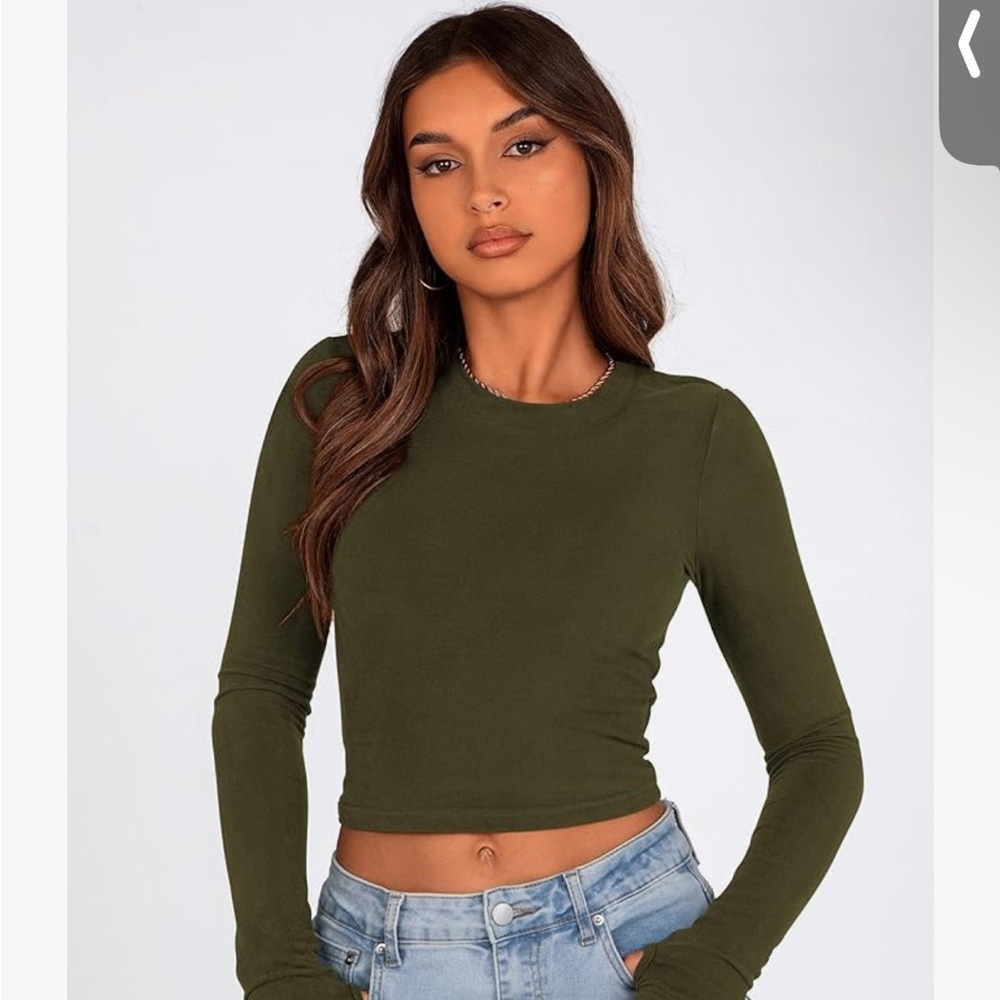 PRETTYGARDEN Women's Long Sleeve Crop Tops Slim Fit Tee (Army Green,X-Small)